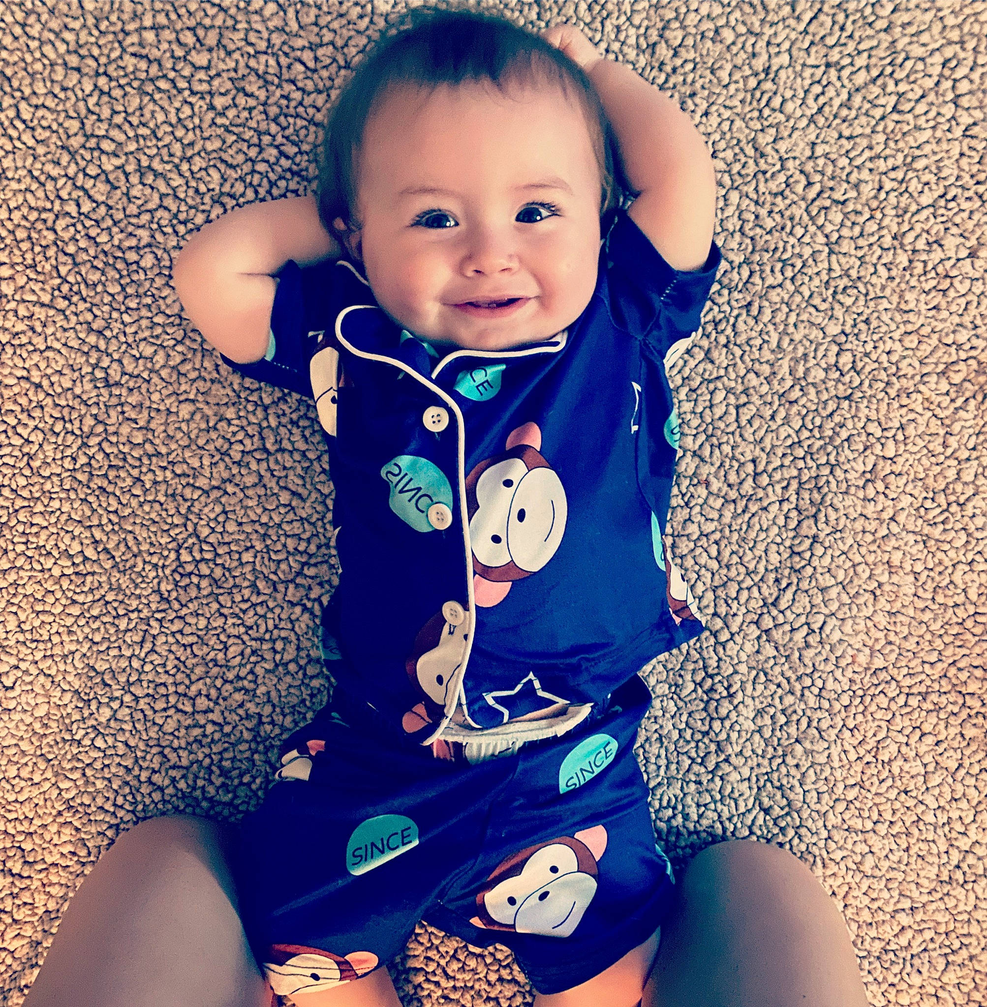 Levi joined the competition — help win amazing prizes! arm, azure, baby, baby_toddler_clothing, blue, child, collar, electric_blue, eye, happy, human_leg, joy, knee, neck, pattern, person, shoulder, sleeve, smile, t_shirt