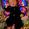 baby, sleeping, butterfly_wings, costume, floral_blanket, cushioned_seat, infant, black_outfit, antennae, peaceful, indoors, colorful, child, portrait, cute, resting, soft, baby_seat, digital_screenshot, mobile_interface