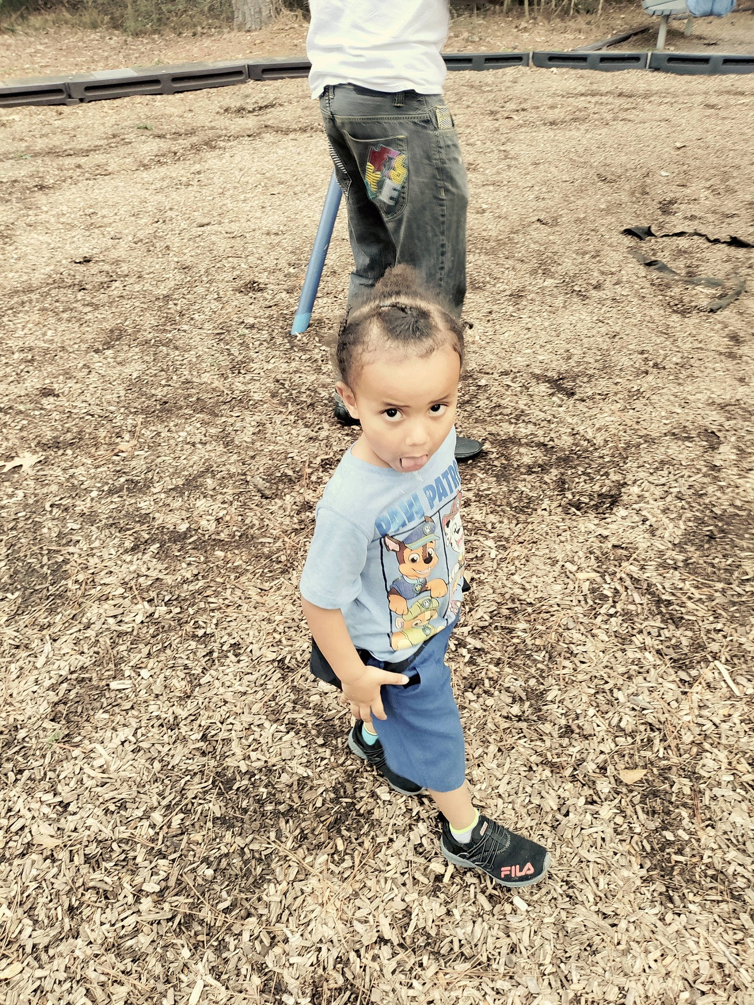 Ivory is registered to the contest to win money with this photo: asphalt, child, flooring, fun, grass, grassland, happy, landscape, leg, leisure, people_in_nature, person, play, recreation, shoe, sneakers, soil, t_shirt, toddler, tree