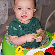 Rafael is registered to the contest to win money with this photo: baby, bright_colors, broccoli, cheeks, child, clothing, cute, eyes, face, food, green_baby_walker, hands, happy, indoor, infant, playtime, short_hair, sitting, smiling, toy