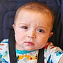 Rafael joined the competition — help win amazing prizes! toddler, child, face, portrait, car_seat, straps, expression, curious, confused, brown_eyes, short_hair, colorful_clothing, airplane_pattern, closeup, indoor, baby, young_child, person, cute, soft_lighting