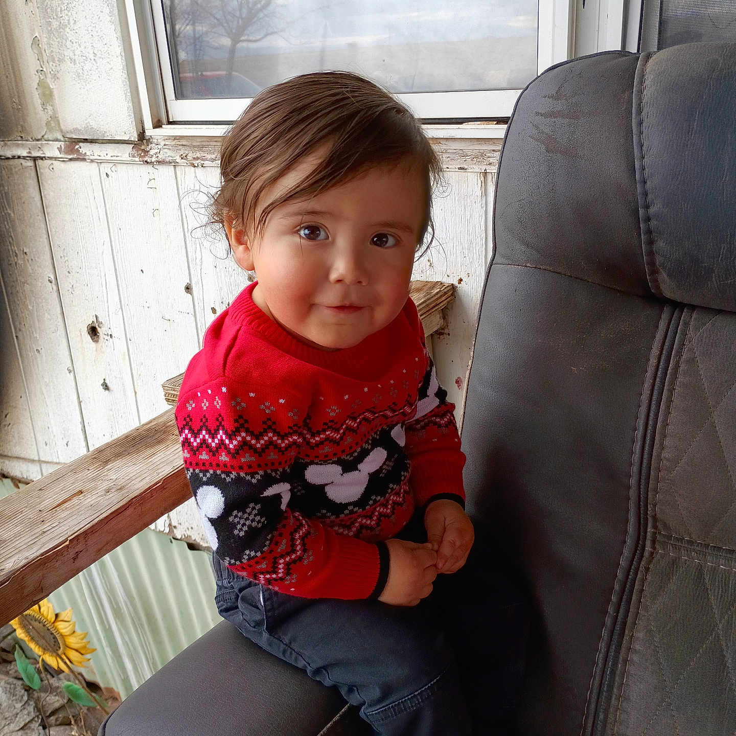 Jose is registered to the contest to win money with this photo: armchair, black_clothing, casual_clothing, chair, child, curious, face, hair, hands, home_interior, indoor, portrait, red_clothing, sitting, smiling, sunflower, sweater, toddler, window, wooden_armrest