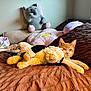 cat, stuffed_animal, plush_toy, bed, brown_bedspread, orange_cat, white_cat, elephant_plush, flower_pillow, cow_plush, soft_toys, cozy, indoor, relaxed, sleepy, pet, feline, home, comfort, cushion
