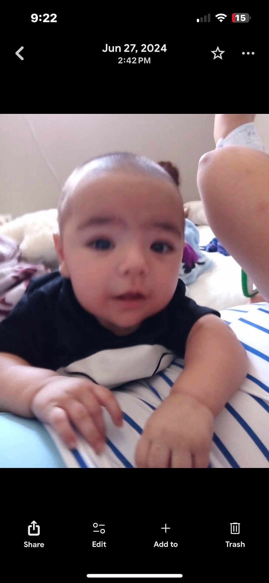 Angel joined the competition — help win amazing prizes! baby, child, infant, face, hand, crawling, striped_surface, clothing, indoor, person, skin, head, eyes, mouth, blurred_background, leg, bedroom, soft_light, cute, young