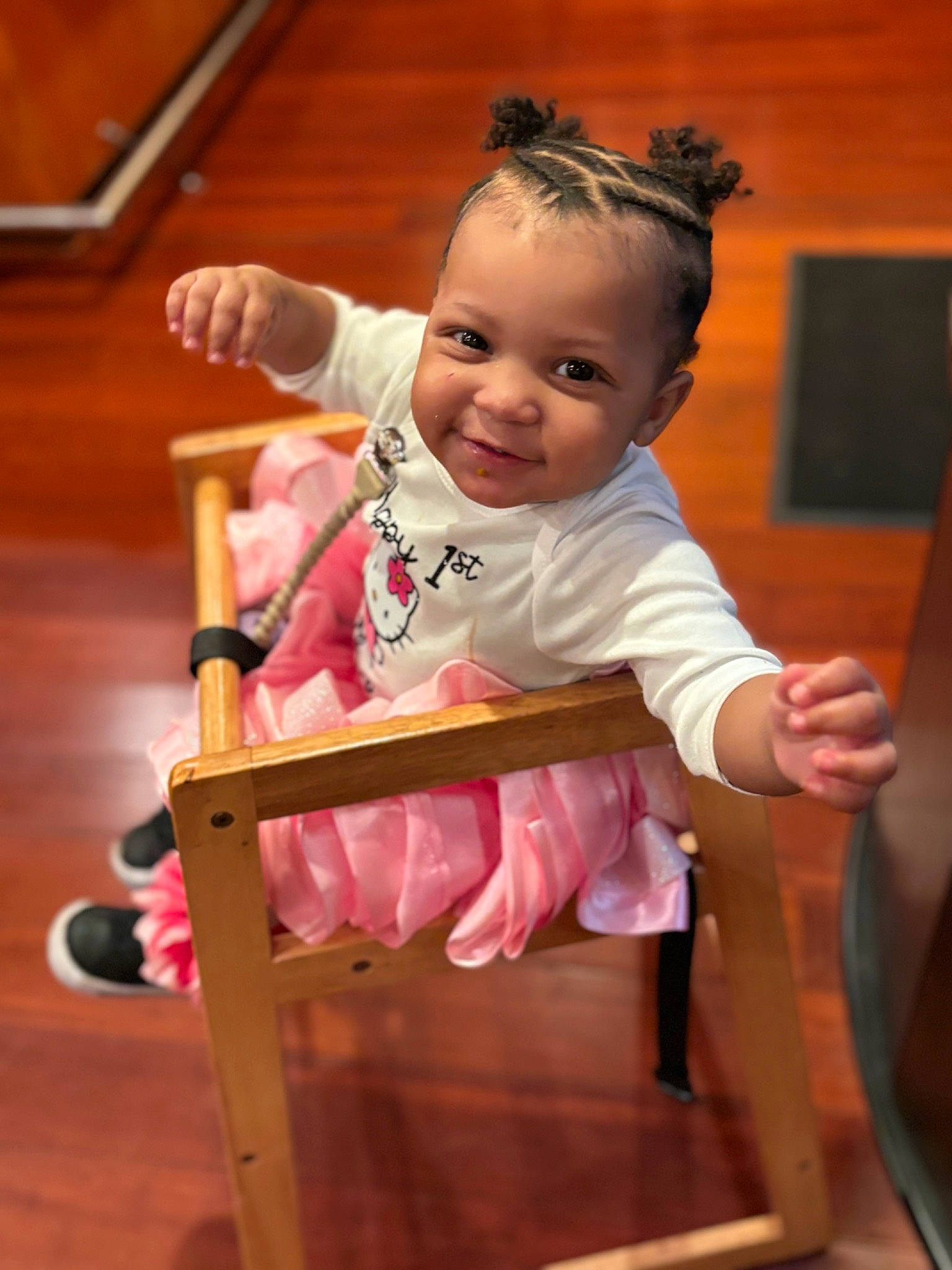 Jazmine joined the competition — help win amazing prizes! baby, baby_products, baby_safety, baby_toddler_clothing, baby_toys, chair, child, comfort, flooring, fun, happy, hardwood, joy, magenta, person, room, sitting, smile, toddler, wood