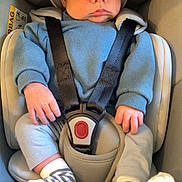 Liam participe au concours pour gagner de l'argent avec cette photo : baby, infant, car_seat, blue_sweater, striped_socks, seatbelt, child, young_child, cute, indoors, sitting, safety, person, portrait, hands, feet, clothing, head, face, expression