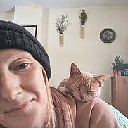 Nala joined the competition — help win amazing prizes! cabinet, cat, closeup, cozy, cute, hat, home, indoor, knit_hat, person, pet, plant, portrait, relaxed, resting, selfie, shoulder, sleeping_cat, sweater, wall_decor