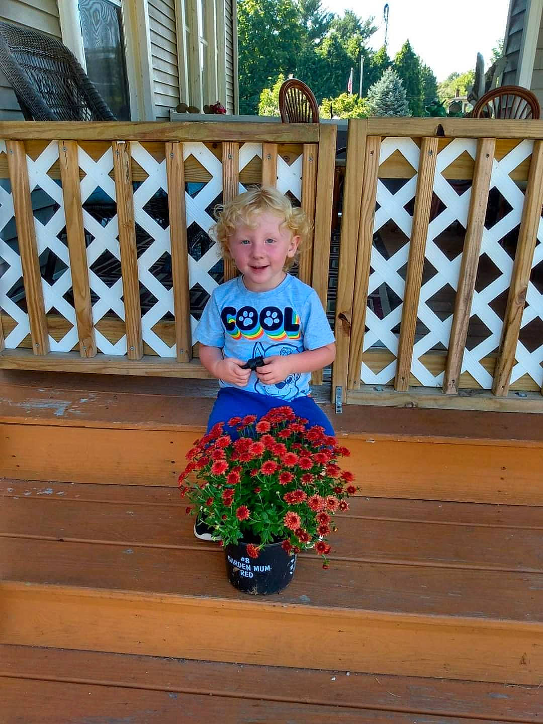 Dustin joined the competition — help win amazing prizes! baby_toddler_clothing, child, deck, electric_blue, fence, flower, fun, garden, hardwood, home, home_fencing, joy, leisure, person, plant, sitting, standing, t_shirt, toddler, tree