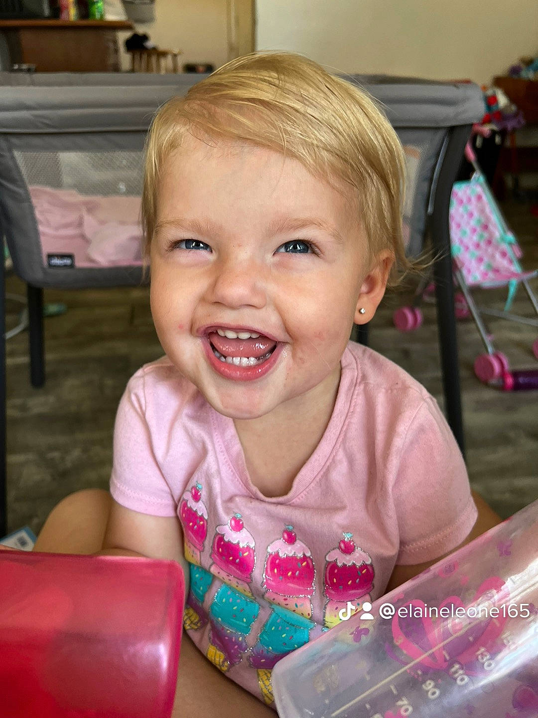 Alice joined the competition — help win amazing prizes! baby, baby_products, baby_toddler_clothing, chair, cheek, child, eyelash, fun, happy, iris, joy, laugh, lip, magenta, person, pink, product, room, sitting, skin