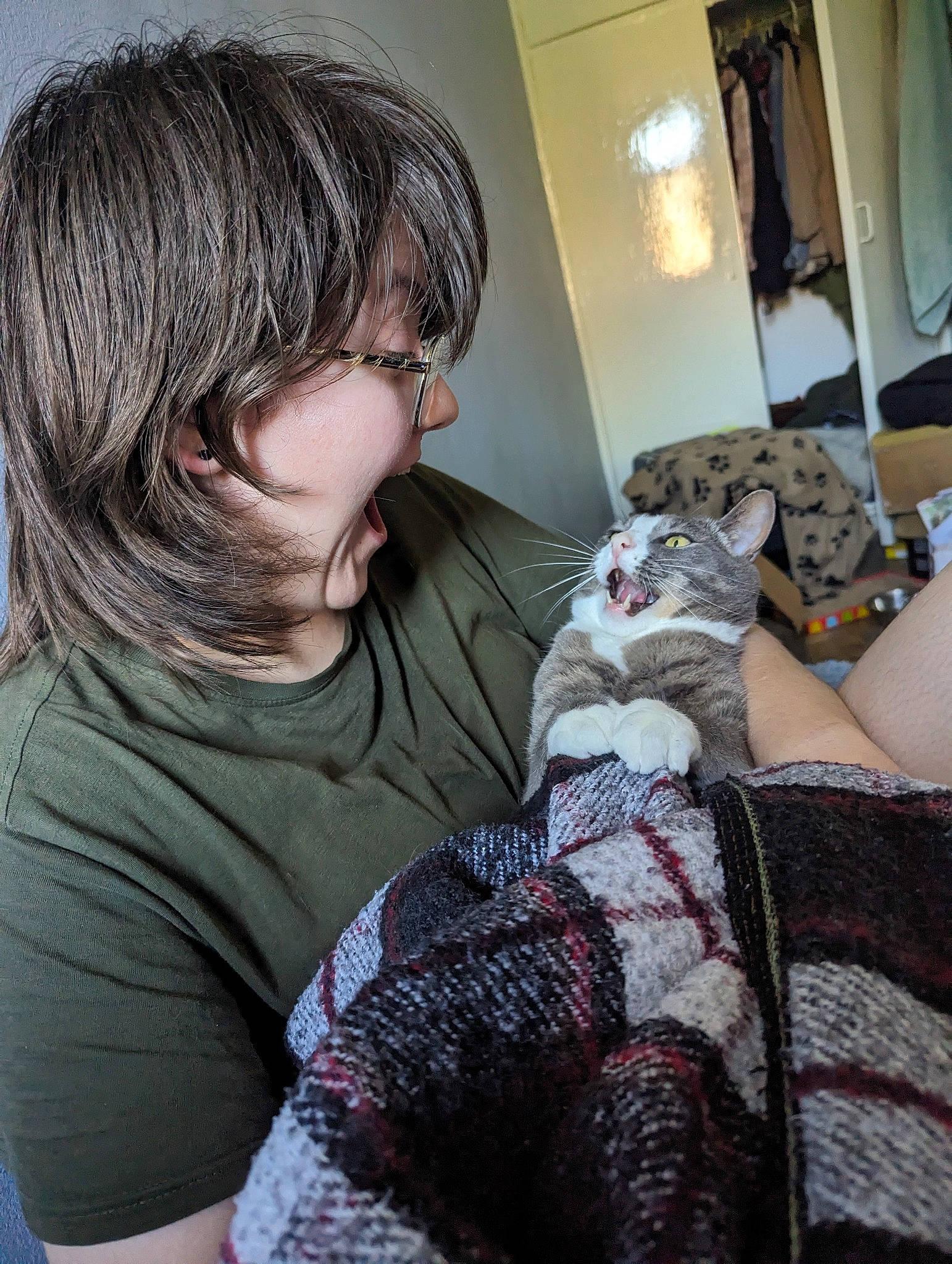 Messi is registered to the contest to win money with this photo: arm, art, bed, comfort, craft, curtain, eyewear, fawn, felidae, fur, glasses, human_leg, linens, pattern, small_to_medium_sized_cats, t_shirt, vision_care, whiskers, wool, woolen