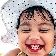 Shreeja is registered to the contest to win money with this photo: toddler, child, smiling, laughing, hat, polka_dot, white, yellow, happy, outdoor, face, closeup, teeth, skin, person, summer, sunhat, cute, joyful, fun