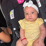 Brianna is registered to the contest to win money with this photo: baby, child, car_seat, yellow_clothing, headband, bracelet, infant, chubby, cute, indoor, person, seatbelt, black_seat, pink_toy, expressionless, wrists, legs, skin, closeup, portrait