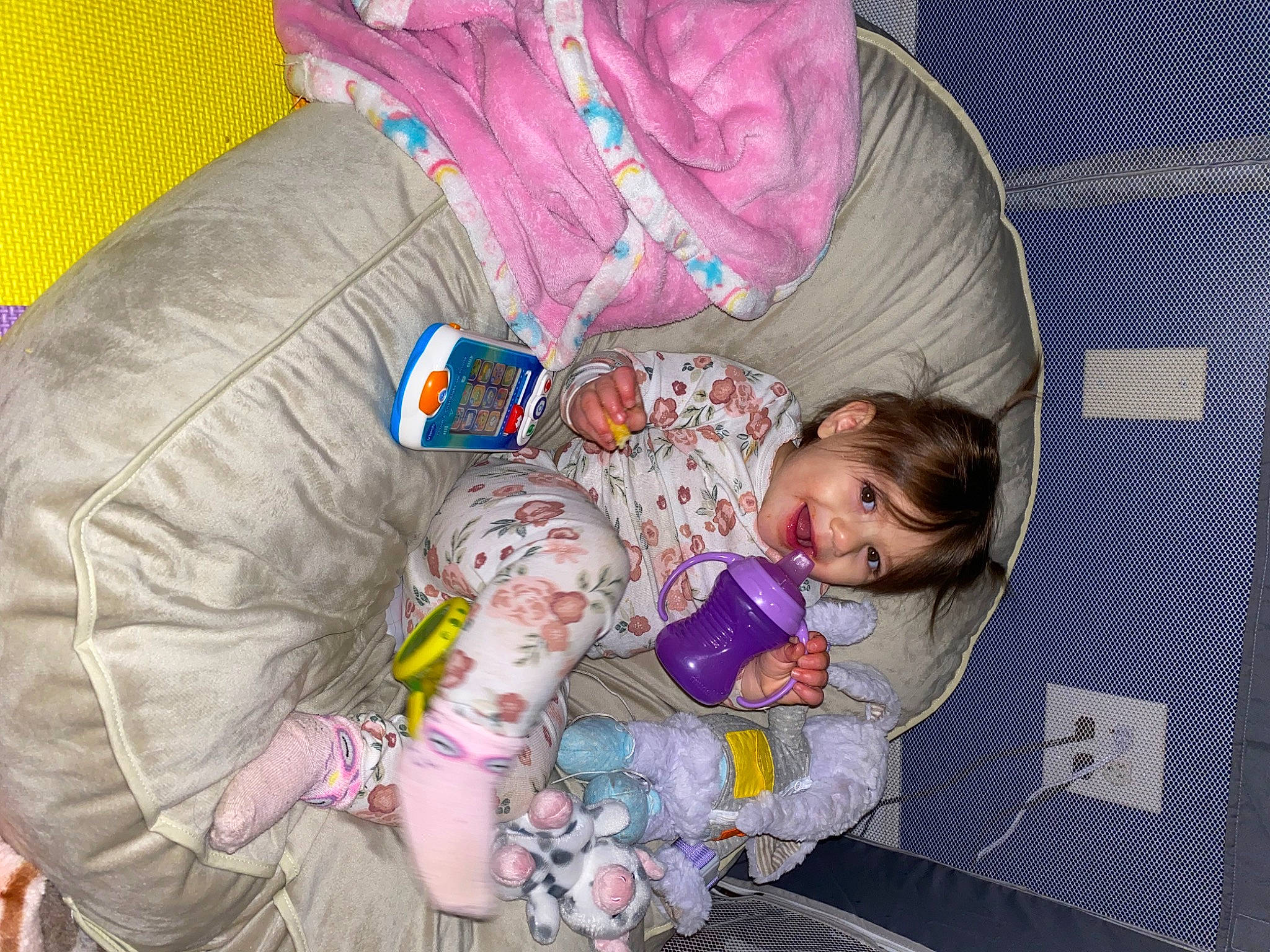 Evelyn joined the competition — help win amazing prizes! baby, baby_products, baby_toddler_clothing, car_seat, child, comfort, fun, happy, magenta, nap, person, pink, product, purple, room, sitting, smile, toddler