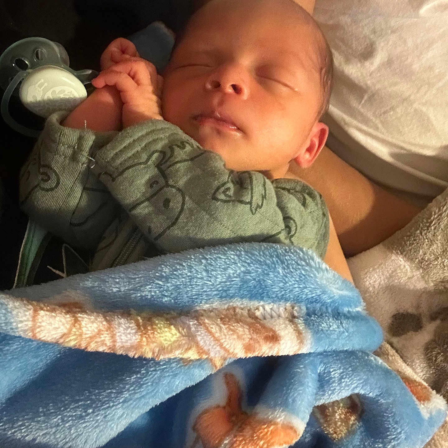Akari joined the competition — help win amazing prizes! newborn, baby, sleeping, infant, portrait, blanket, blue_blanket, pacifier, bed, cozy, indoors, warm_lighting, peaceful, cute, face, closed_eyes, clothing, swaddled, family, resting