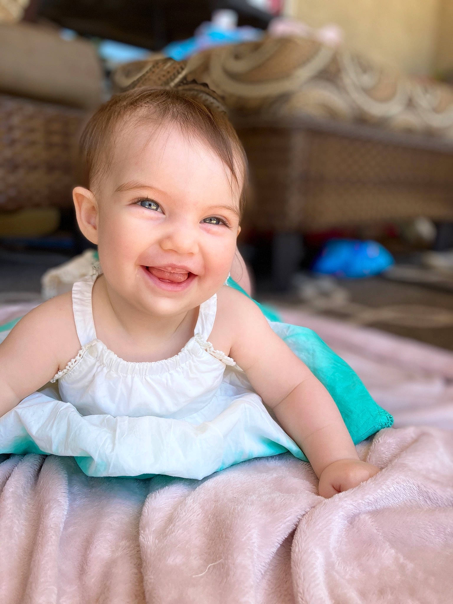 Kaylea is registered to the contest to win money with this photo: aqua, azure, baby, baby_toddler_clothing, blond, cheek, child, dress, eye, flash_photography, fun, happy, head, iris, joy, leisure, person, pink, skin, smile