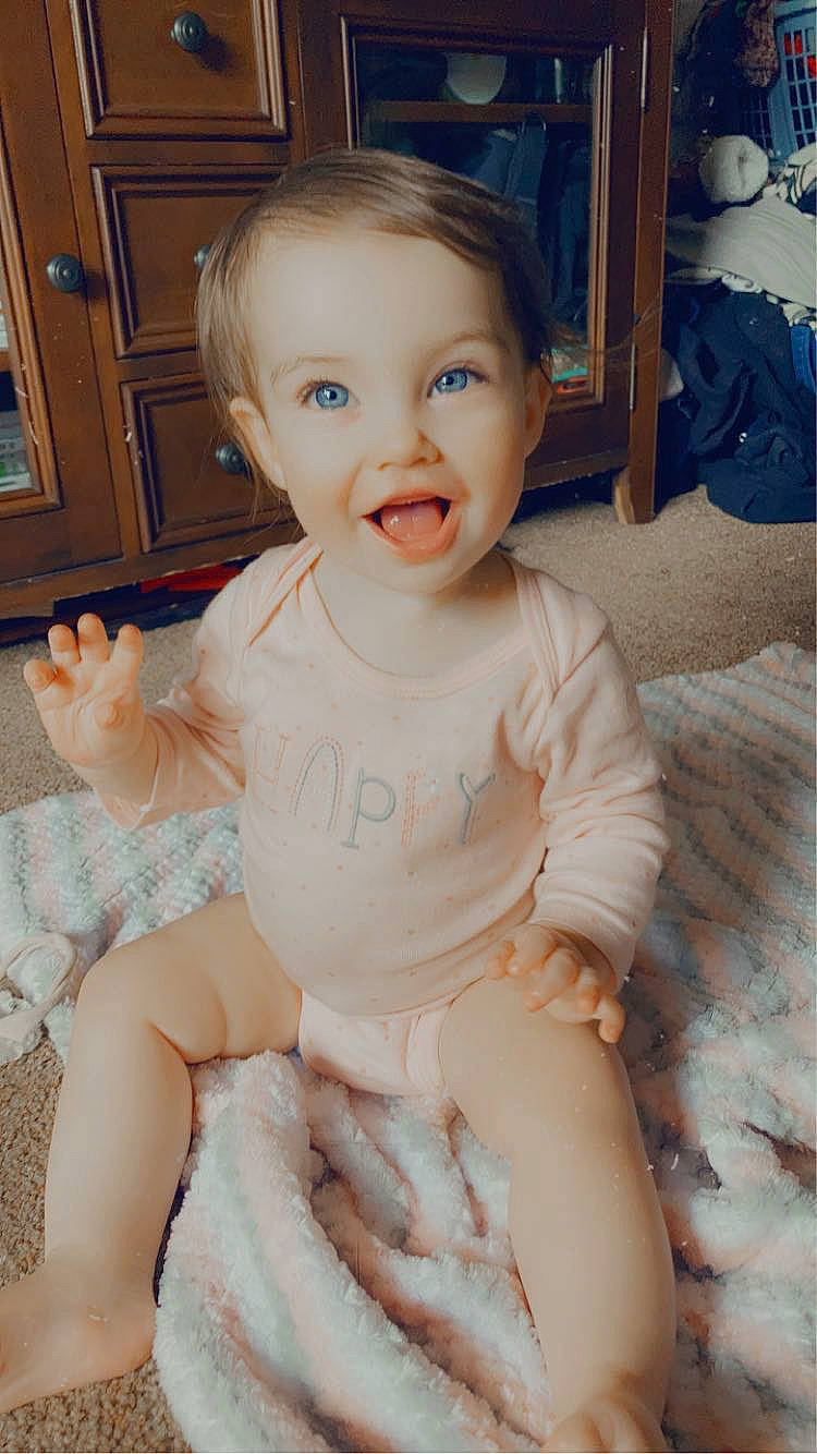 Kaylea joined the competition — help win amazing prizes! arm, baby_toddler_clothing, blue, cabinetry, cheek, child, dress, eye, face, finger, hair, happy, head, iris, person, pink, product, skin, sleeve, smile