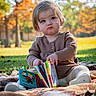 child, toddler, baby, portrait, sitting, pouting, serious_expression, book, books, reading, outdoor, park, autumn, fall, leaves, blanket, sunlight, nature, brown_clothing, colorful_books