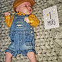 baby, baby_clothes, blanket, cap, card, celebration, child, cute, denim_overalls, indoor, infant, lying_down, milestone, newborn, one_month, person, plaid, portrait, soft_texture, yellow_shirt