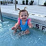 toddler, child, water, swimsuit, splashing, pool, pigtails, smiling, outdoor, summer, fun, play, blue, pink, wet, happy, person, young_child, sitting, recreation