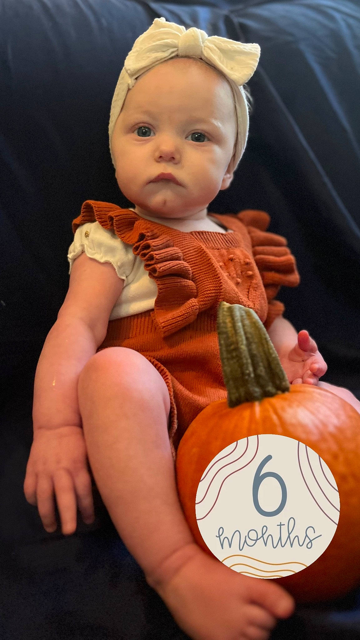 Sadie joined the competition — help win amazing prizes! baby, baby_toddler_clothing, calabaza, cheek, cucurbita, dress, eye, finger, gourd, head, human_body, iris, orange, organ, person, plant, pumpkin, skin, squash, toddler