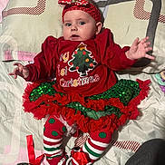 Cierra is registered to the contest to win money with this photo: baby, child, christmas, holiday, festive, tutu, headband, bedspread, clothing, red, green, striped_leggings, booties, cute, infant, smiling, person, laying, indoors, holiday_outfit