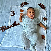 Sekou a rejoint le concours — aidez-le/la à gagner de superbes lots ! baby, infant, smiling, lying_down, blanket, clothing, feet, celebration, milestone, bed, fabric, text, number, heart, felt, decorations, cute, child, happy, portrait