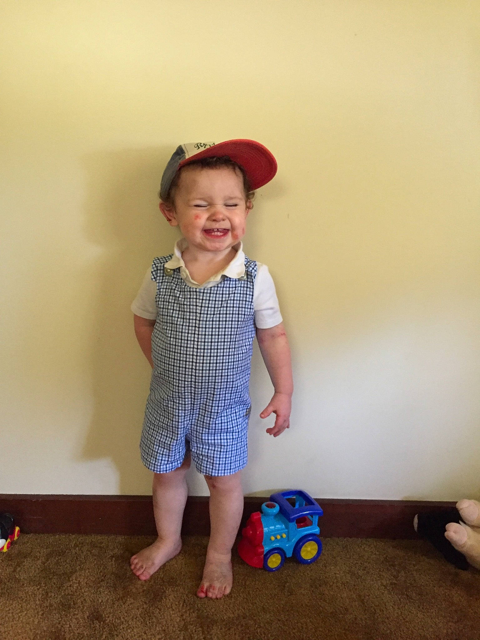 Garrett joined the competition — help win amazing prizes! baby_toddler_clothing, blue, child, design, dress, footwear, headgear, joint, leg, pattern, person, play, shoe, shoulder, sitting, skin, sleeve, smile, standing, toddler