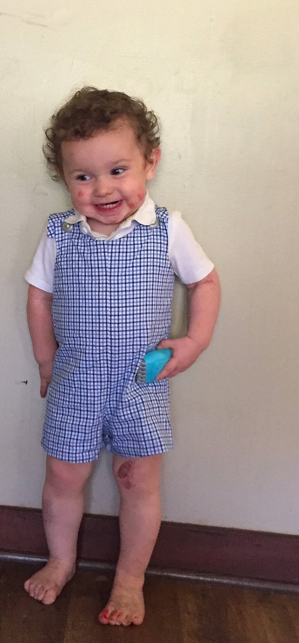 Garrett joined the competition — help win amazing prizes! baby, baby_products, baby_toddler_clothing, blue, child, clothing, design, dress, joy, overall, pattern, person, product, shorts, skin, sleeve, smile, standing, t_shirt, toddler