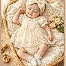 Sophia is registered to the contest to win money with this photo: baby, infant, sleeping, portrait, basket, woven_basket, blanket, cream_clothing, dress, bow, headband, lace, flowers, roses, wooden_toys, indoor, nursery, soft_lighting, peaceful, photography