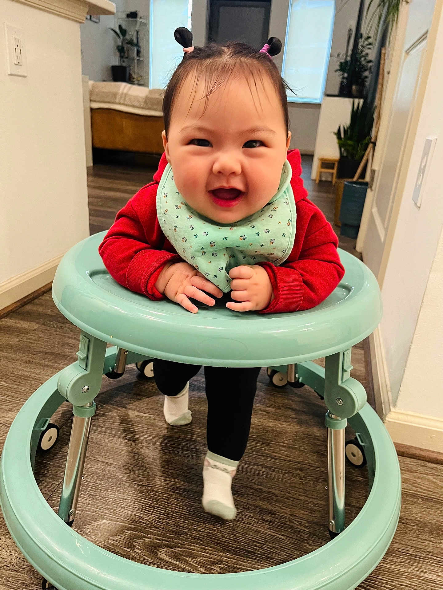 Isabelle joined the competition — help win amazing prizes! baby, babylaughing, chair, clothing, face, furniture, happy, head, highchair, hosiery, machine, person, photography, portrait, sitting, sock, wheel