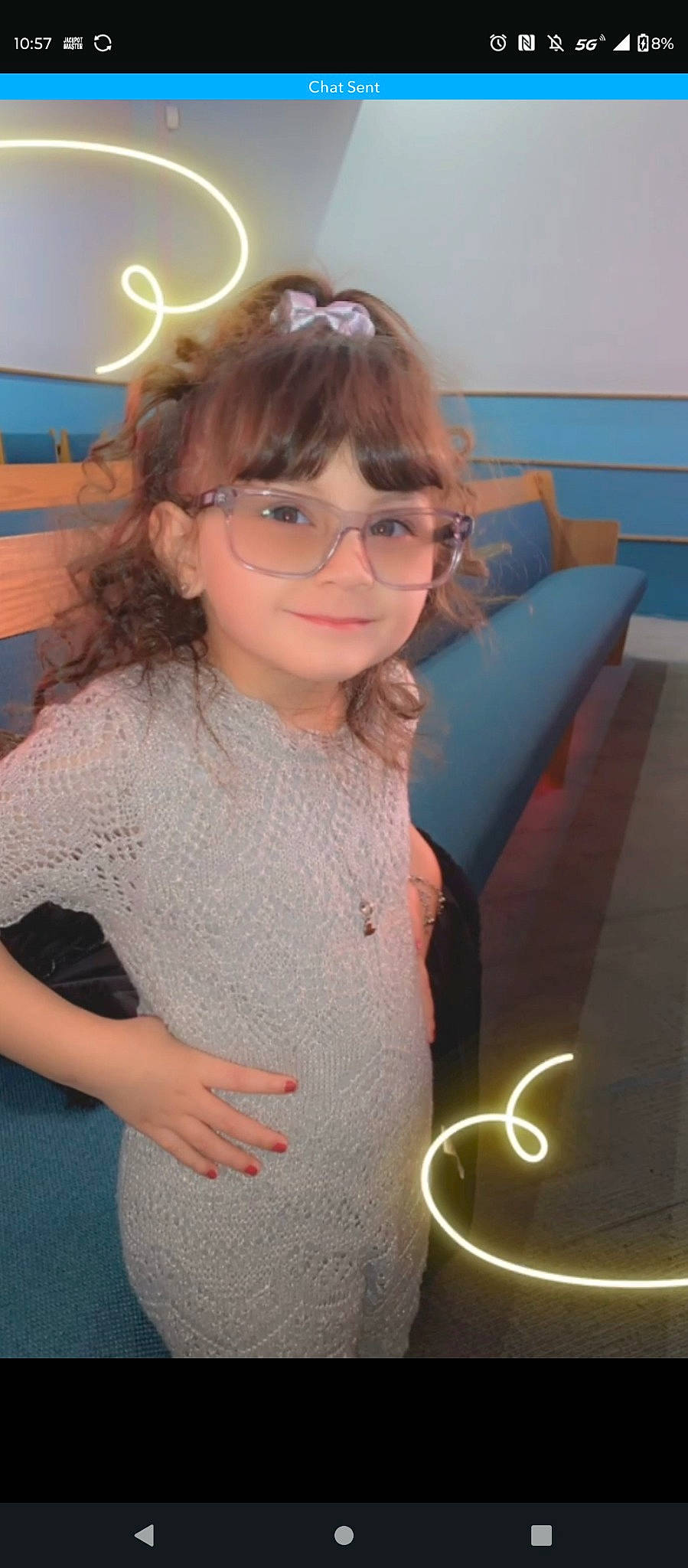 Journey is registered to the contest to win money with this photo: arm, electric_blue, event, eyewear, flooring, fun, glasses, hair, hairstyle, happy, head, iris, joy, neck, pattern, person, shoulder, skin, sleeve, smile