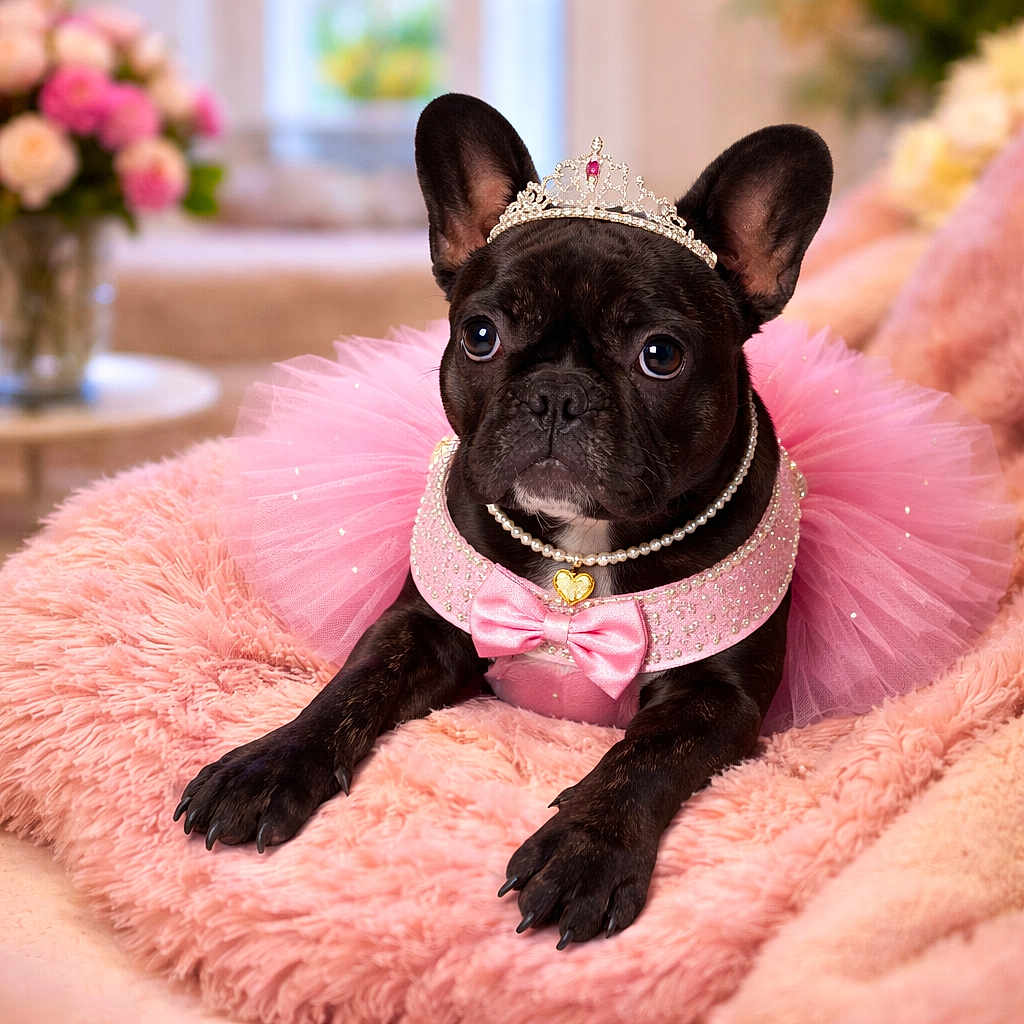 Aya participe au concours pour gagner de l'argent avec cette photo : french_bulldog, dog, pet, tutu, pink, tiara, pearl_necklace, cute, fluffy_blanket, indoor, portrait, animal, costume, accessory, decor, soft_lighting, close_up, relaxed, adorable, black_dog