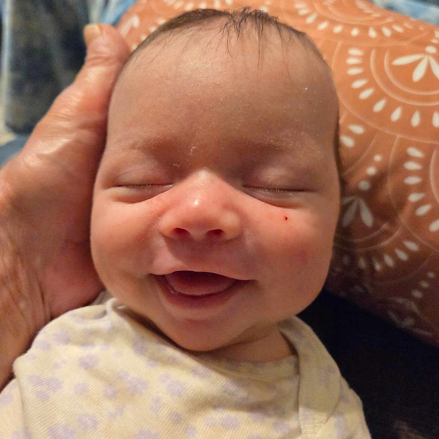 Mackenzie is registered to the contest to win money with this photo: baby, newborn, infant, smiling, sleeping, eyes_closed, portrait, face, closeup, child, indoors, cushion, blanket, clothing, polkadots, hand, cradled, happy, cozy, photography