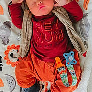 Stan participe au concours pour gagner de l'argent avec cette photo : newborn, baby, sleeping, blanket, pacifier, pacifier_clip, shoes, orange_pants, red_shirt, knit_vest, lion_pattern, bedding, cozy, portrait, closed_eyes, tiny_hands, high_top_shoes, nursery, plush_pattern, autumn_colors