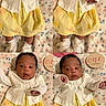 baby, infant, child, yellow_dress, white_cardigan, socks, floral_blanket, wooden_sign, one_month, portrait, cute, newborn, collage, lying_down, expression, milestone, indoors, soft_lighting, person, smiling