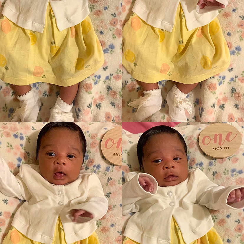 Ariyla joined the competition — help win amazing prizes! baby, infant, child, yellow_dress, white_cardigan, socks, floral_blanket, wooden_sign, one_month, portrait, cute, newborn, collage, lying_down, expression, milestone, indoors, soft_lighting, person, smiling