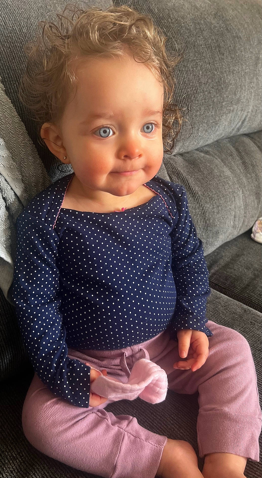 Ellianne joined the competition — help win amazing prizes! baby, blonde, bodypart, clothing, couch, cushion, face, finger, furniture, hand, happy, head, homedecor, pants, person, photography, portrait, sitting, sleeve, smile