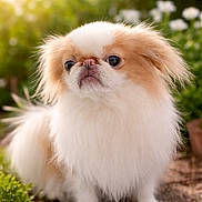 Venom participe au concours pour gagner de l'argent avec cette photo : dog, small_dog, japanese_chin, long_hair, fluffy, white_fur, cream_fur, portrait, outdoor, garden, flowers, sunlight, greenery, pet, canine, sitting, paws, expressive_face, closeup, shallow_depth_of_field