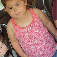 Samira is registered to the contest to win money with this photo: child, girl, toddler, car, car_seat, seat_belt, pink_bow, pink_tank_top, denim_shorts, holding_hands, earrings, window, seat, interior, sitting, person, family, young_child, cute, portrait