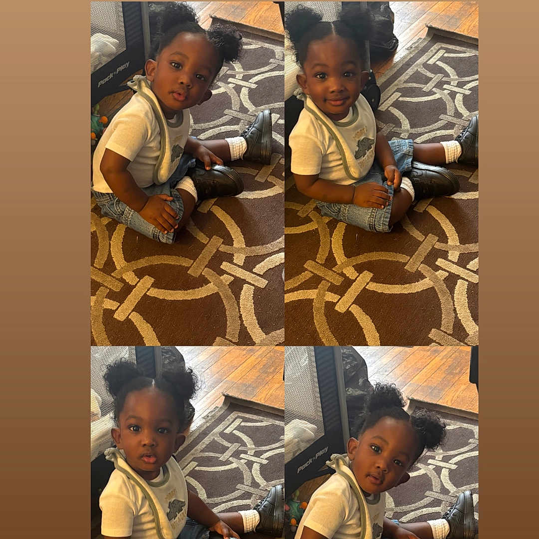Jaciah is registered to the contest to win money with this photo: child, toddler, sitting, portrait, collage, four_photos, smiling, facial_expression, curly_hair, pigtails, white_shirt, jeans, boots, socks, patterned_rug, indoor, home, floor, furniture, photography