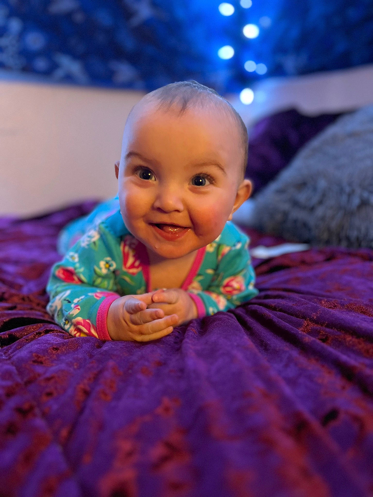Amethyst is registered to the contest to win money with this photo: baby, blue, cheek, chin, eyebrow, flash_photography, floor, flooring, fun, grass, happy, iris, joy, magenta, nose, person, purple, skin, sky, smile