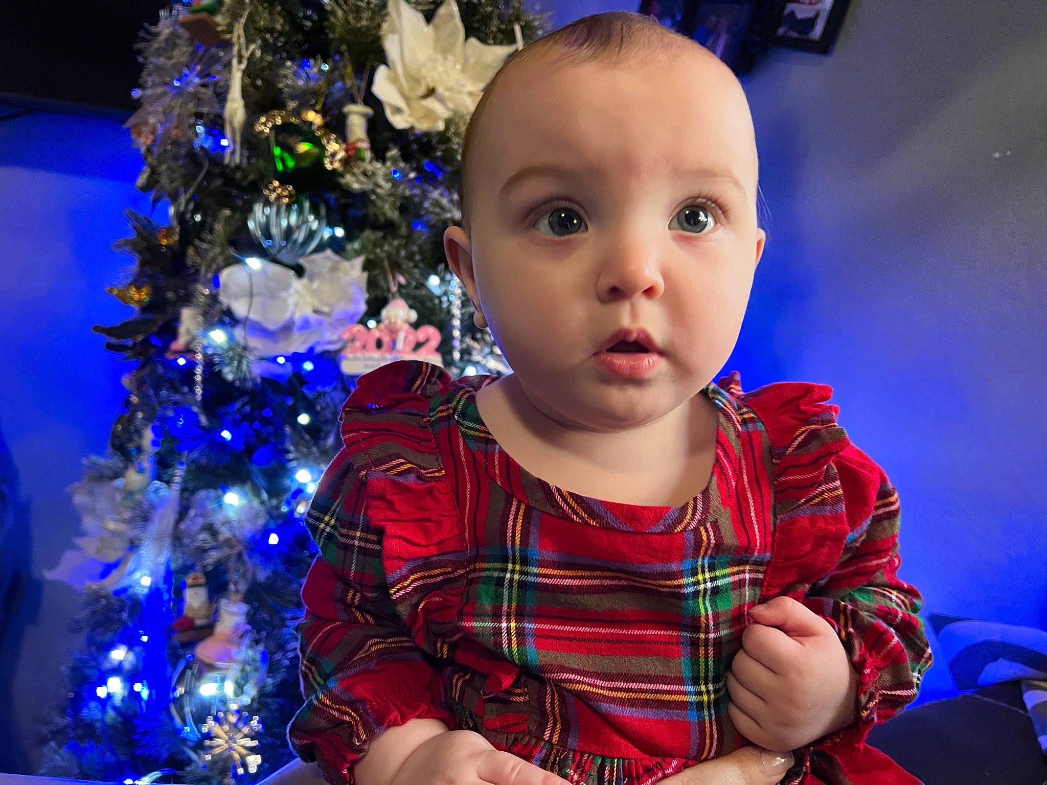 Amethyst is registered to the contest to win money with this photo: baby_toddler_clothing, blue, child, christmas, christmas_decoration, christmas_ornament, christmas_tree, electric_blue, event, flash_photography, fun, happy, holiday, holiday_ornament, iris, light, ornament, person, plaid, purple