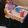 Maisie joined the competition — help win amazing prizes! carpet, chair, child, clothing, cup, food, fork, furniture, happy, indoor, meal, person, plastic_table, plate, radiator, room, smile, table, toddler, toy_chair