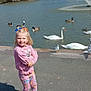 Freya is registered to the contest to win money with this photo: child, girl, smiling, outdoor, pond, water, swan, duck, birds, trees, blue_sky, clouds, grass, path, casual_clothing, shoes, sunny, nature, park, happy