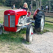 Freya is registered to the contest to win money with this photo: child, tractor, red_tractor, outdoor, grass, fence, smiling, blonde_hair, steering_wheel, vintage, person, park, sunny_day, rural, people, casual_clothing, dirt_path, greenery, recreation, farm