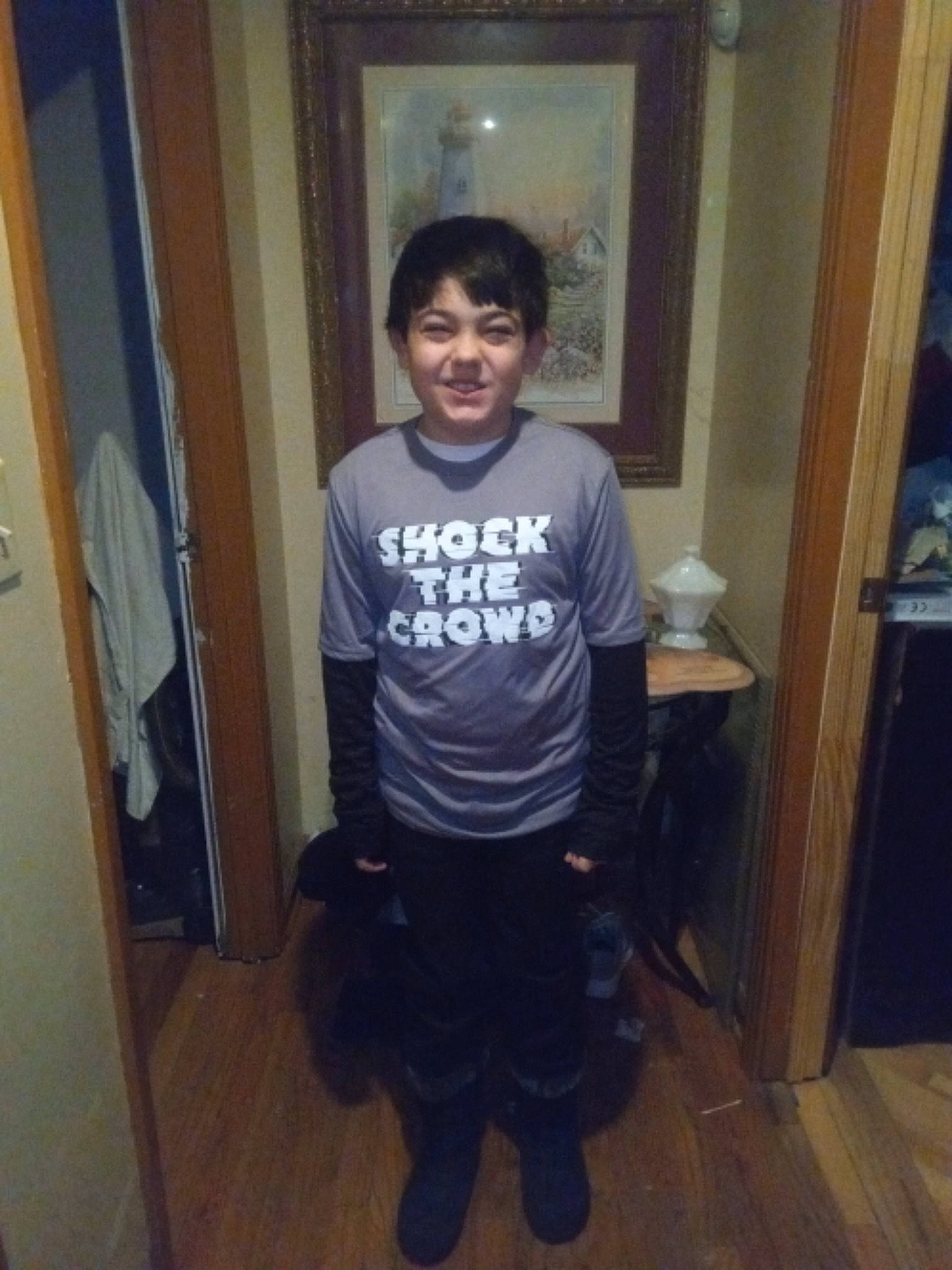 Brennon joined the competition — help win amazing prizes! floor, joy, leg, person, room, standing, t_shirt