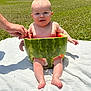 baby, watermelon, fruit, grass, outdoor, blanket, summer, child, playful, cute, smiling, sunlight, nature, hand, sitting, green, pink, happy, skin, daytime