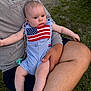 baby, child, infant, person, outdoor, grass, legs, hand, clothing, blue, checkered, flag, american_flag, sitting, skin, casual, adult, lap, nature, daylight