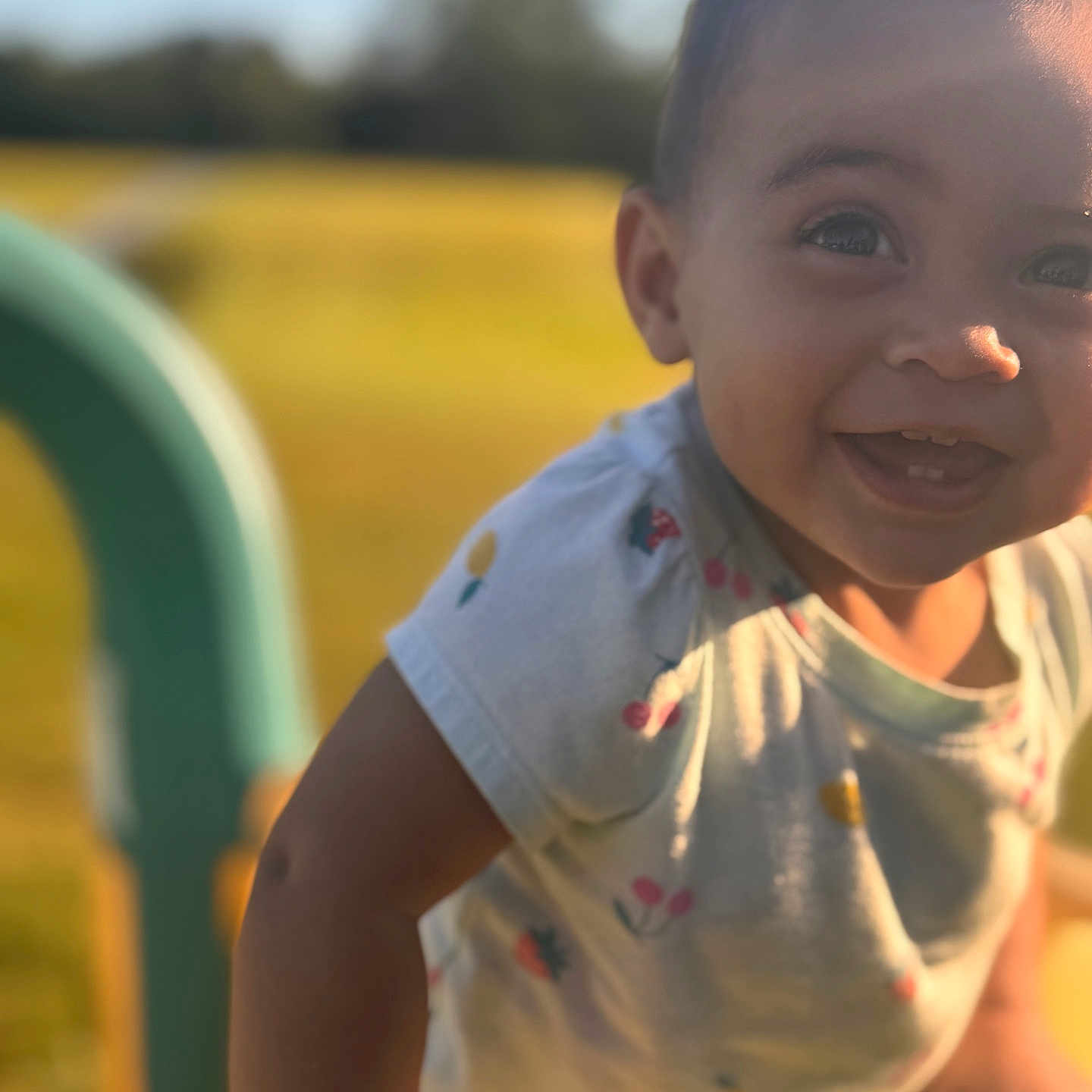 Elyssia is registered to the contest to win money with this photo: baby, child, colorful, cute, daylight, face, fun, grass, happy, joy, nature, outdoor, park, person, playground, short_sleeve_shirt, smiling, sunlight, toddler, young