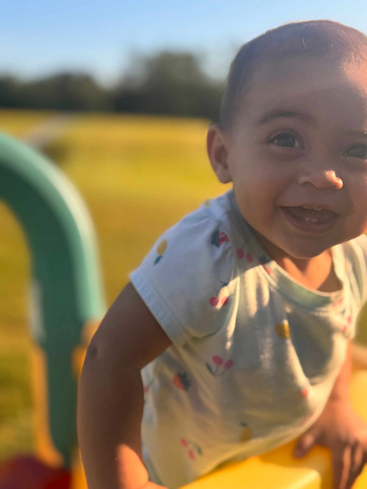 Elyssia is registered to the contest to win money with this photo: child, toddler, smiling, outdoor, playground, sunlight, happy, face, short_sleeve_shirt, colorful, grass, daylight, person, cute, young, nature, fun, joy, baby, park